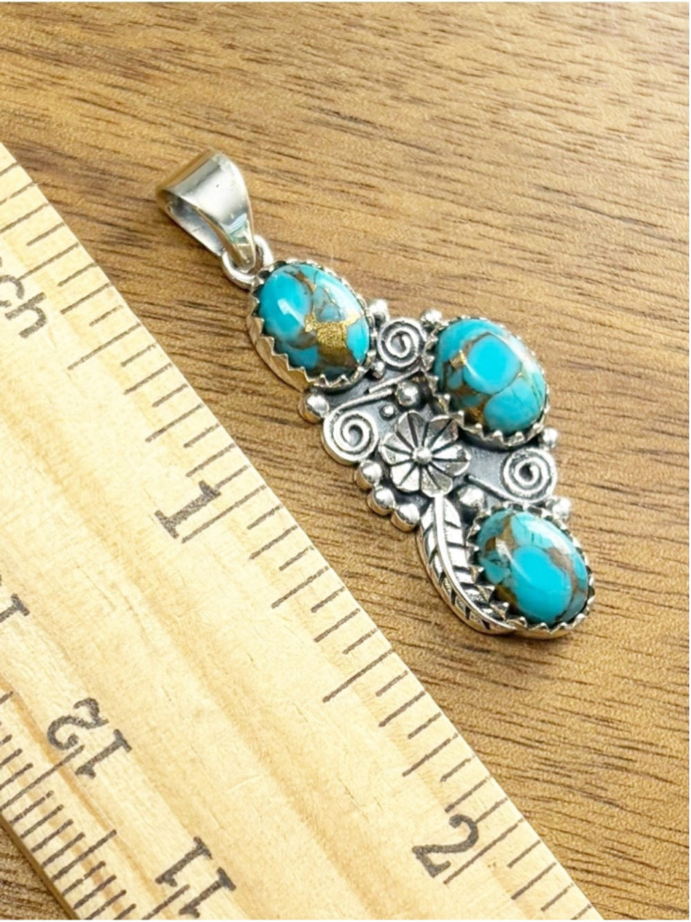 Pure Sterling Silver 925 Genuine Blue Copper Kingman Turquoise Pendant New - Picture 7 of 9